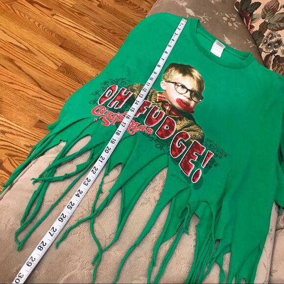 Christmas Story Oh Fudge Ralphie Upcycled Tee Fringe Green Sz XL - Picture 9 of 10